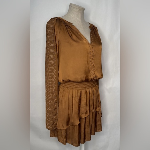 EUC Ramy Brook Smocked Metallic Mini Carmel Gathered Dress. HIGH-END DESIGNER - Picture 1 of 7